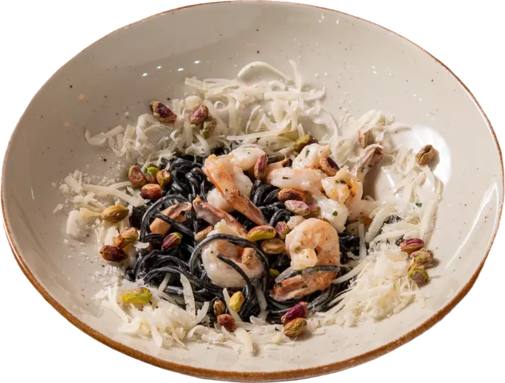 Tagliolini al pistacchio e gamberetti, pasta w Trattoria Volare
